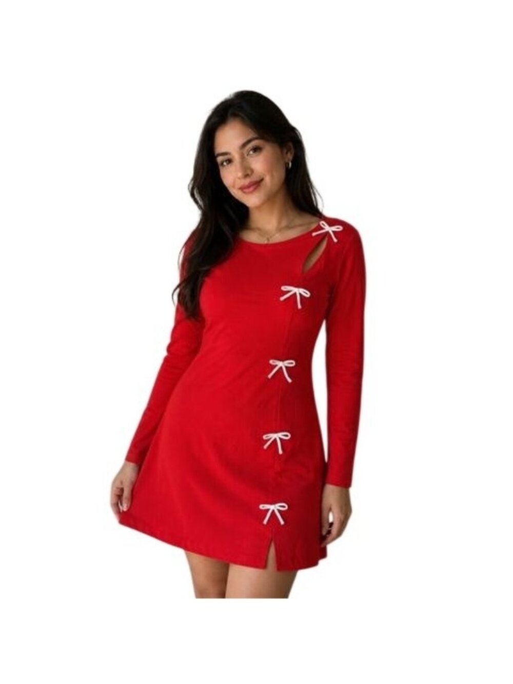 Red Long-Sleeve Dress With White Bow Details Size XL 34" Length